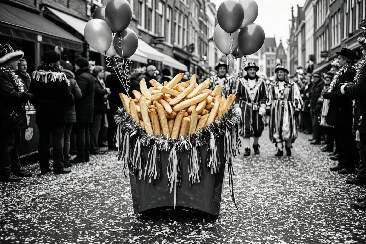 Een grote mand vol goudgele frieten, versierd met slingers en ballonnen, staat op een straat vol confetti tijdens een carnavalsstoet met verklede deelnemers en toeschouwers.