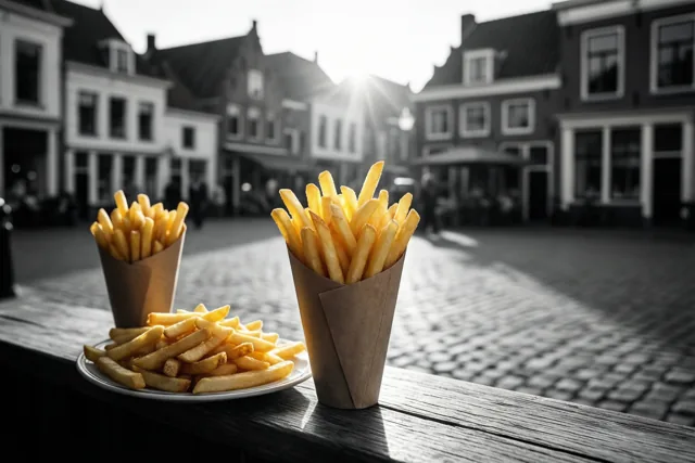 Twee papieren puntzakken en een bord met goudgele frieten staan op een houten toonbank voor een zonnig dorpsplein met kasseien en traditionele gebouwen.