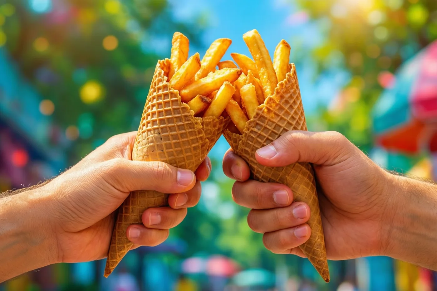 Twee handen stoten wafelhoorntjes gevuld met frieten tegen elkaar, tegen een heldere onscherpe buitenachtergrond met groen en blauwe lucht.