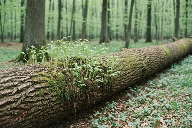 Een omgevallen boomstam met mos en frisgroene scheuten ligt in een weelderig groen bos met zacht licht en een onscherpe achtergrond.