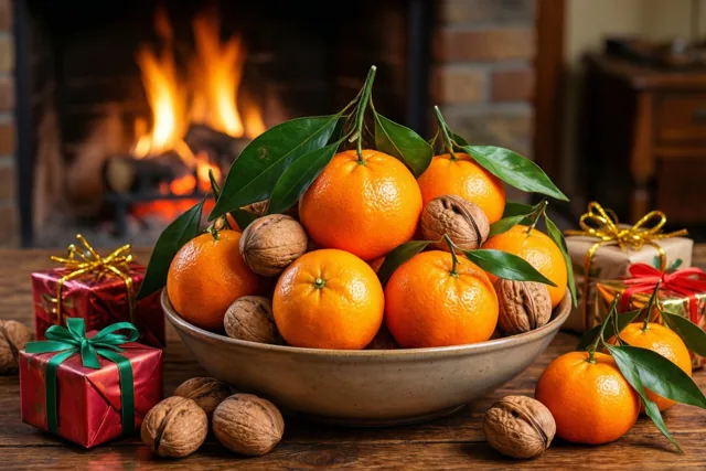 Op een houten tafel voor een brandende haard staat een keramieken kom met mandarijnen en walnoten tussen kleine ingepakte cadeautjes.