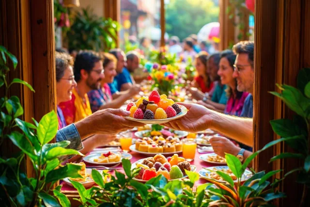 Twee handen geven een bord kleurrijk fruit en zoetigheden door boven een lange tafel met lachende mensen, omlijst door houten raamkozijnen en groene planten in warm zonlicht.