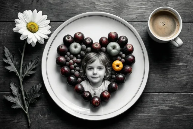 Een kindergezicht staat midden in een hart van fruit op een wit bord naast koffie en een wit madeliefje op een donkerhouten tafel, met kleuraccenten op het fruit en de bloem tegen een monochrome achtergrond.