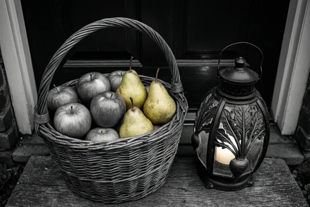 Een zwart-witbeeld toont een rieten mand appels en peren naast een uitgesneden bietenlantaarn met een brandende kaars op een houten trede bij een achterdeur.