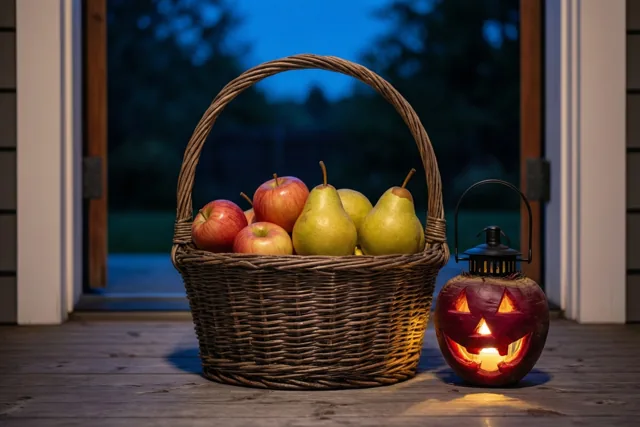 Een rieten mand met rode appels en groene peren staat op een houten veranda naast een brandende uitgesneden bietenlantaarn, met door de open achterdeur een donkerblauwe avondlucht.