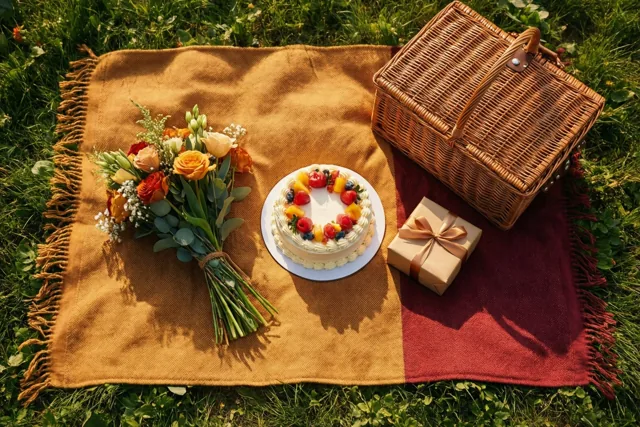 Een taart met fruit, een kleurrijk boeket en een klein ingepakt cadeau staan op een picknickdeken in een zonnige tuin, met een rieten picknickmand erbij.
