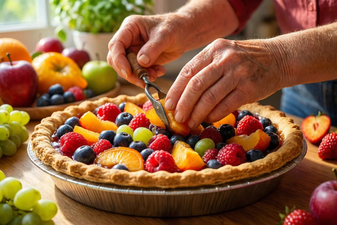 Oudere handen plooien de deegrand van een taart met frambozen, blauwe bessen, druiven en sinaasappelpartjes in een zonnige keuken met vers fruit op de achtergrond.