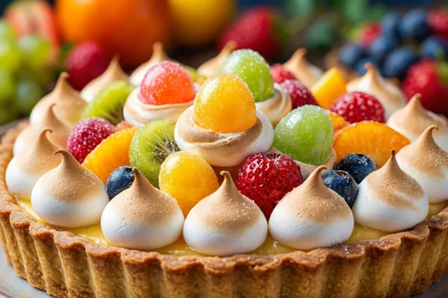 Een fruittaart met een goudbruine korst is van dichtbij te zien, met kleurrijk vers fruit en gebruinde meringuenestjes bovenop.