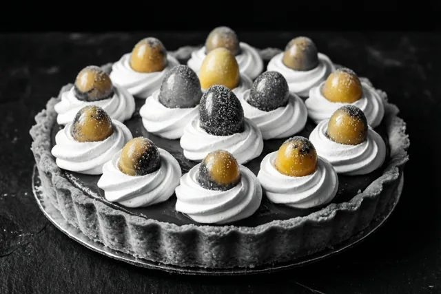 Een fruittaart met een donkere korst en witte meringuetoefjes met elk een klein gesuikerd eitje staat op een donker oppervlak met structuur in gericht licht.