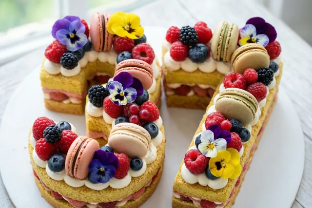 Een taart in de vorm van 37 met frambozen, bramen, blauwe bessen, macarons en eetbare bloemen staat op een wit bord tegen een lichte achtergrond.