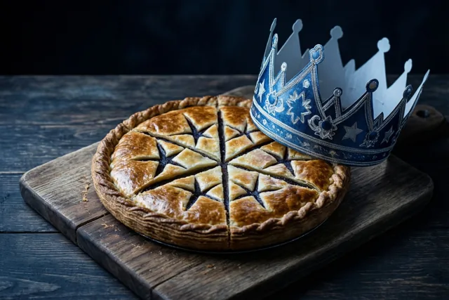 Een goudbruine galette met een ingesneden sterpatroon ligt op een houten plank naast een blauwe papieren kroon, op een donkere houten tafel.