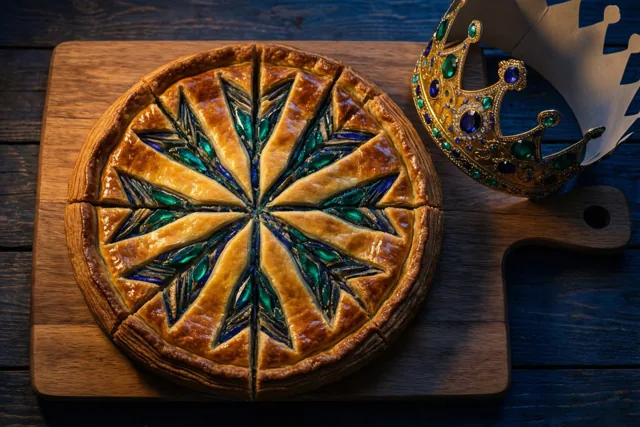 Een goudbruine galette met een ingesneden sterpatroon ligt op een houten plank naast een sierkroon met juwelen en een eenvoudige papieren kroon, op donker hout in warm licht.