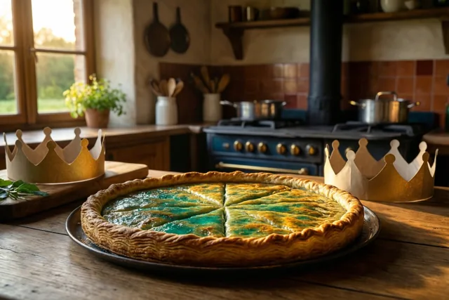 Een goudbruine galette met een groenige vulling ligt tussen twee papieren kronen op een houten tafel in een landelijke hoevekeuken met een tegelkachel, houten planken en zonlicht door het raam.
