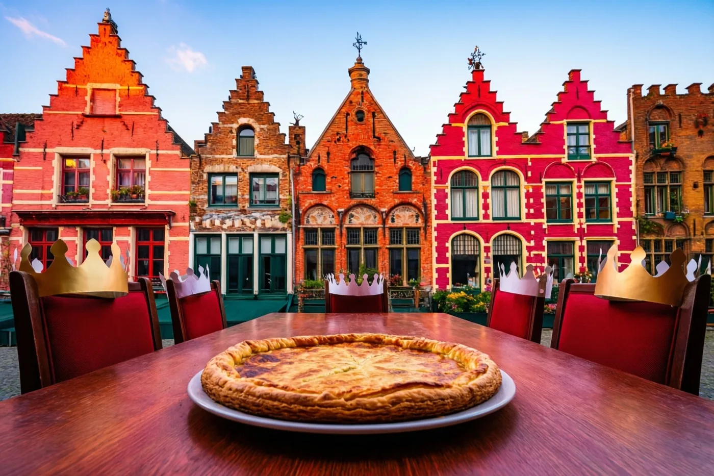 Een goudbruine galette ligt op een houten tafel voor een rij kleurrijke Vlaamse gevelhuizen, met papieren kronen op de stoelen eromheen.