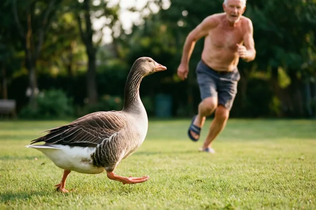 Een grijze gans met oranje poten loopt over een groen gazon terwijl op de achtergrond een oudere man met ontbloot bovenlijf, donkere korte broek en blauwe pantoffels wegrent in een park.