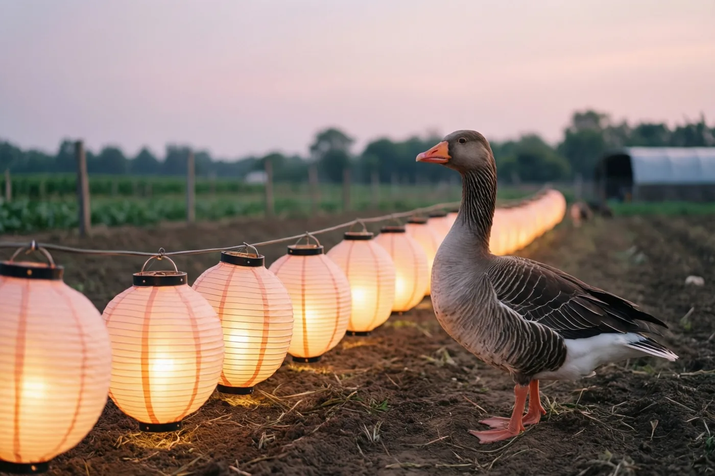 Een grijze gans staat op donkere aarde op een boerenerf naast brandende papieren lampionnen aan een draad, met oranje en zachtroze tinten in de schemering.