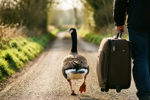 Een gans loopt van achteren gezien naast een persoon die een koffer trekt over een landelijke grindweg met gras aan beide kanten in warm zonlicht.