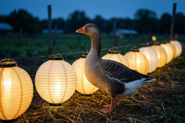 Een grijze gans staat op een boerenerf naast brandende papieren lampionnen aan een draad, onder een donkerblauwe avondhemel.