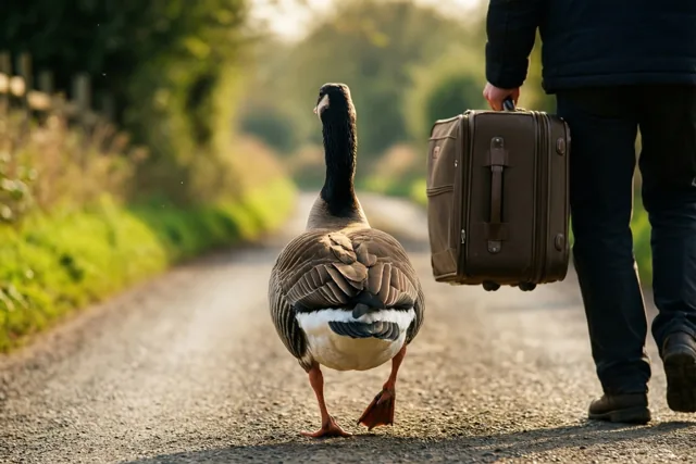 Een gans loopt van achteren gezien over een landelijke grindweg achter een persoon die een koffer draagt, met groen langs de weg in goudkleurig zonlicht.