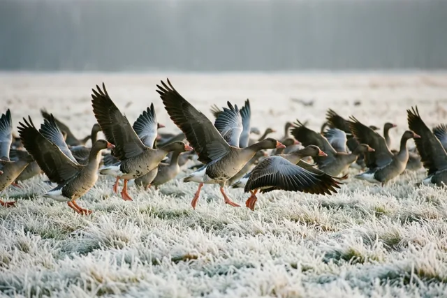Een groep wilde ganzen landt met gespreide vleugels op wit berijpt gras tegen een gedempt grijze achtergrond en hemel.