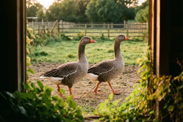 Door een houten deuropening zijn twee grijze ganzen met oranje snavels en poten te zien op een onverhard pad op een boerenerf, omringd door groen in warm, goudkleurig licht.