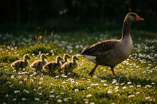 Een moedergans leidt vijf donzige kuikens door een weide met madeliefjes in goudkleurig zonlicht.