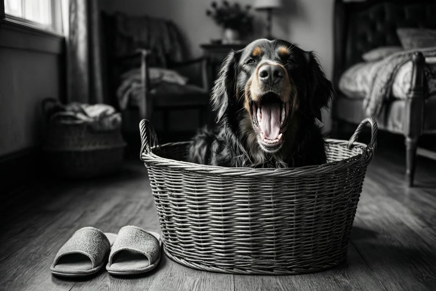Op deze zwart-witfoto zit een hond breed te gapen in een rieten mand op een houten vloer, met een paar pantoffels ernaast in een zacht verlichte kamer.