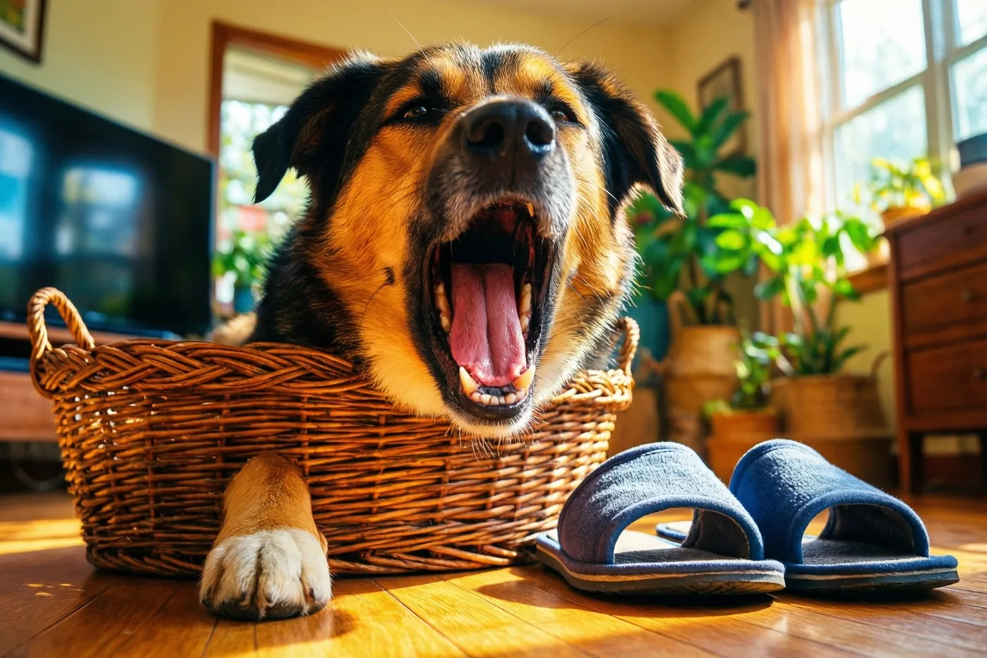 Een grote hond met een zwarte en lichtbruine vacht zit breed te gapen in een rieten mand op een houten vloer, met blauwe pantoffels ernaast en groene planten op de achtergrond.