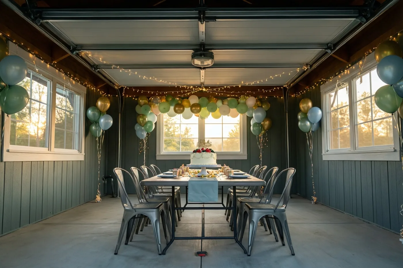 Een lange tafel met een taart staat in een garage met lichtslingers en ballonnenslingers, in goudkleurig licht dat door de ramen valt.