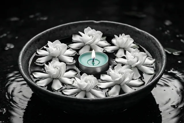 Witte gardenia’s en een brandend theelichtje drijven op donker water in een donkere schaal, met een zacht blauwgroene tint in de kaarsvlam.
