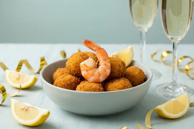 Een witte kom goudbruine garnaalkroketten met één garnaal bovenop staat tussen citroenpartjes en gouden slingers op een lichtblauwe ondergrond, met twee champagneglazen op de achtergrond.