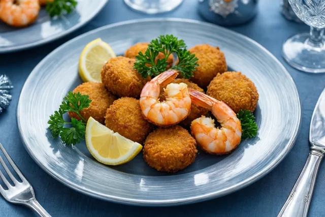 Een bord goudbruine garnaalkroketten met partjes citroen en peterselie staat op een blauw tafellaken naast bestek en glazen.