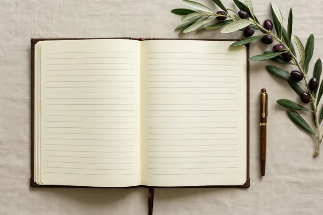 Een opengeslagen gastenboek met onbeschreven gelijnde bladzijden ligt op beige linnen naast een houten pen en een olijftakje met donkere olijven.