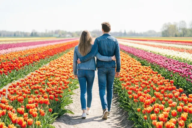 Twee mensen wandelen gearmd over een aardeweg door een uitgestrekt veld met oranje, rode, roze en witte tulpen, van achteren gezien onder een heldere hemel.