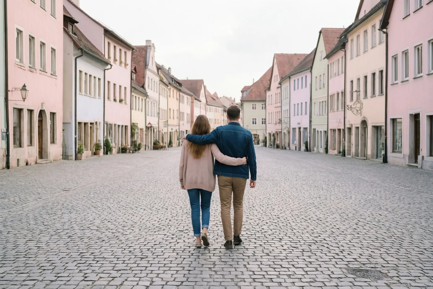 Twee mensen wandelen met hun rug naar de kijker arm in arm door een kasseistraat met huizen in roze, beige en crèmekleurige pasteltinten.