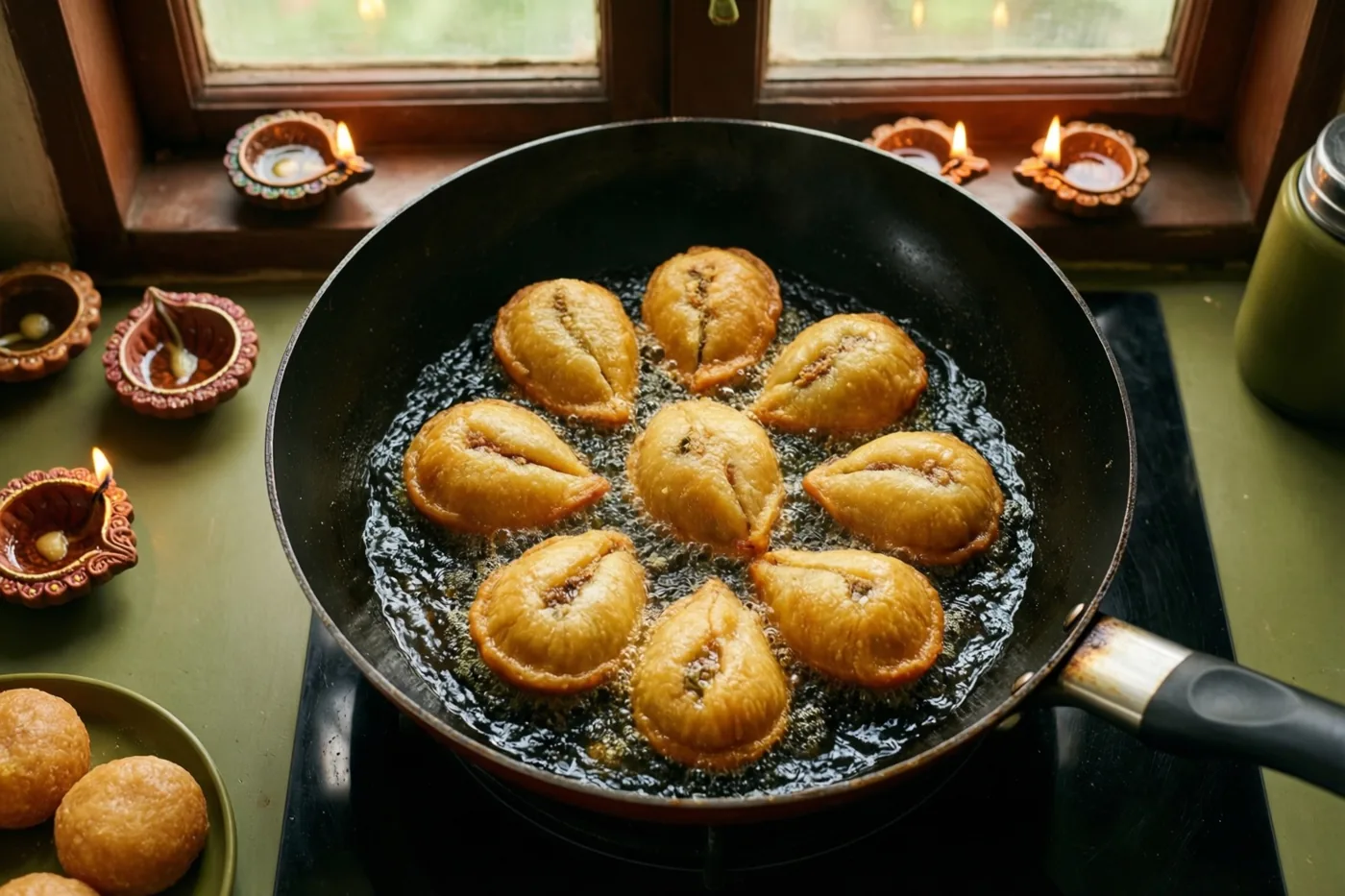 In een zwarte pan op het fornuis bakken goudgele gujiya, met brandende olielampjes op de vensterbank eromheen.
