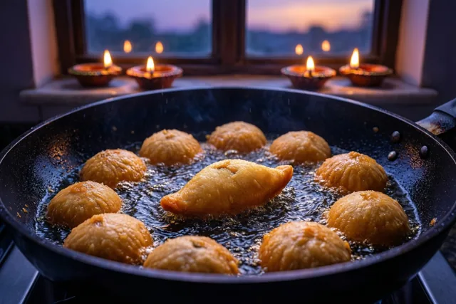 Goudgele gujiya bakken in borrelende olie in een zwarte pan, met brandende olielampjes op een vensterbank in de schemering op de achtergrond.