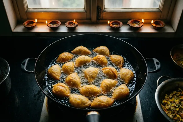 Goudgele gujiya bakken in een zwarte pan op het fornuis, met brandende olielampjes op de vensterbank erachter.