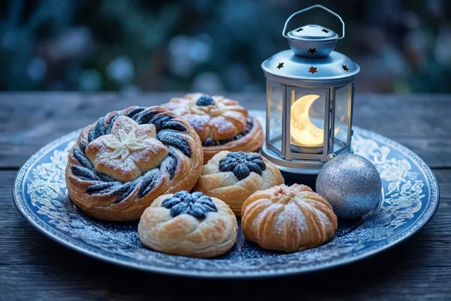 Goudbruine gebakjes met donker en wit glazuur liggen op een sierlijk blauw bord naast een zilveren lantaarn met een lichtgevende maansikkel op een donkere houten tafel.