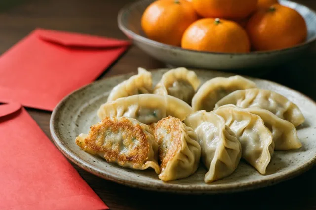 Een bord gebakken dumplings met goudbruine krokante onderkanten staat op een houten tafel naast rode enveloppen en een kom mandarijnen, in warm licht.