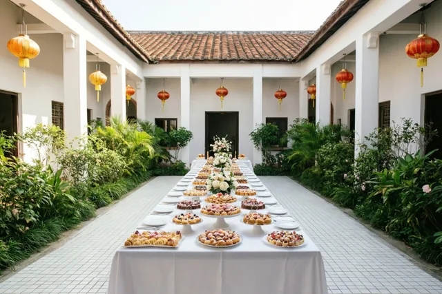 Een lange tafel met een wit kleed, gebak en zoetigheden staat op een betegelde binnenplaats met witte muren, zuilen, groene planten en rode en oranje lantaarns onder een terracotta pannendak.