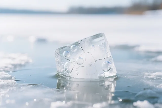 Een gebarsten ijsblok met ingesloten luchtbelletjes ligt deels onder water in een bevroren vijver, met onscherpe sneeuw en ijs op de achtergrond.