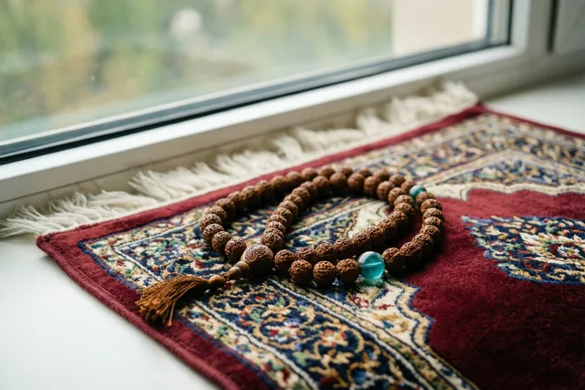 Een snoer houten gebedskralen met een kwastje en turquoise kralen ligt op een rood gebedskleed met patronen bij een raam in zacht daglicht.