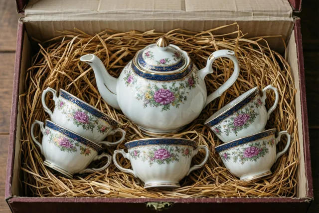 Een porseleinen vintagetheeservies met bloemenpatronen ligt in stro in een open geschenkdoos, in wit, roze, blauw en goud.