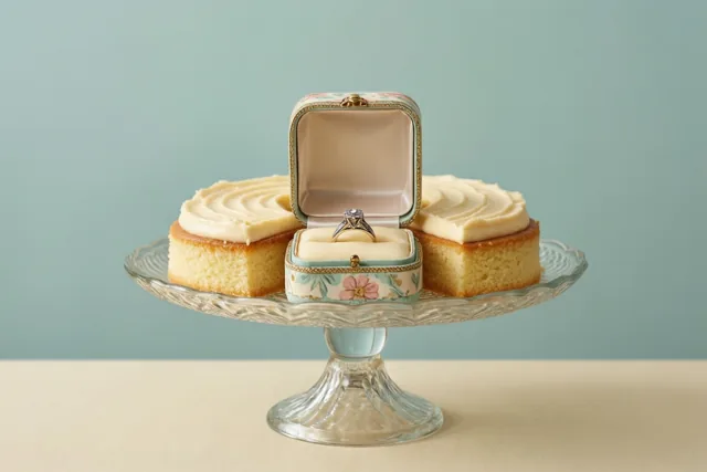 Een open ringdoosje met bloemenmotief en een diamanten ring staat tussen twee stukken taart met crème op een vintage glazen taartstandaard, voor een blauwgroene muur en boven een beige tafelkleed.