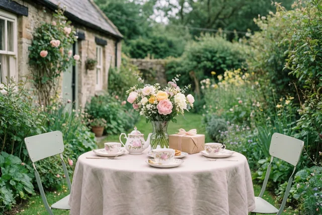 Een ronde tafel met een licht tafelkleed, gebloemde theekopjes, een theepot, bloemen en een ingepakt cadeau staat in een groene tuin bij een stenen huisje.