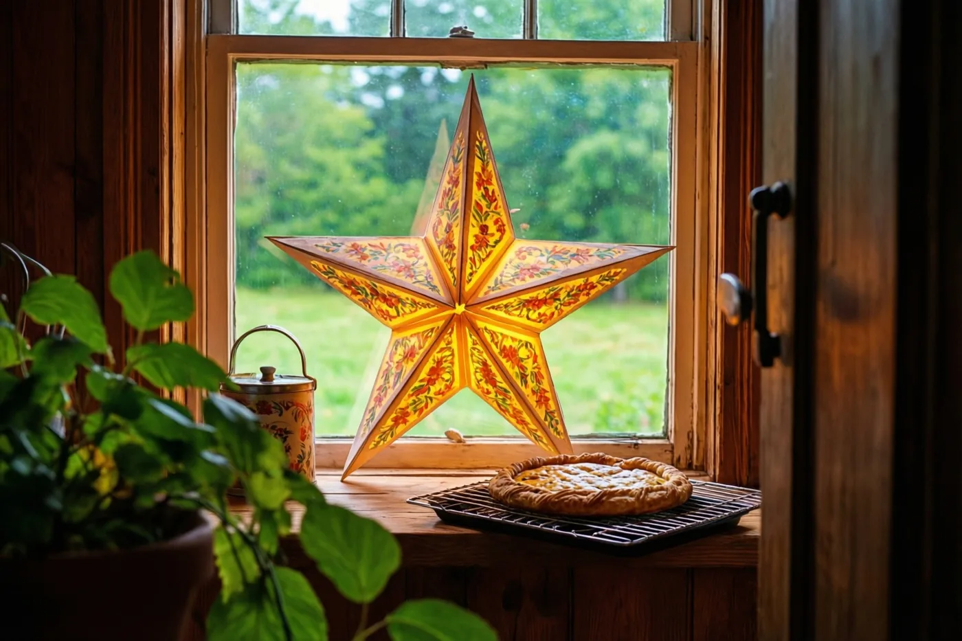 Een brandende papieren sterlantaarn met bloemenpatronen staat naast een afkoelende taart op een houten vensterbank in een landelijke omgeving in jarenvijftigstijl, met groen buiten het raam.