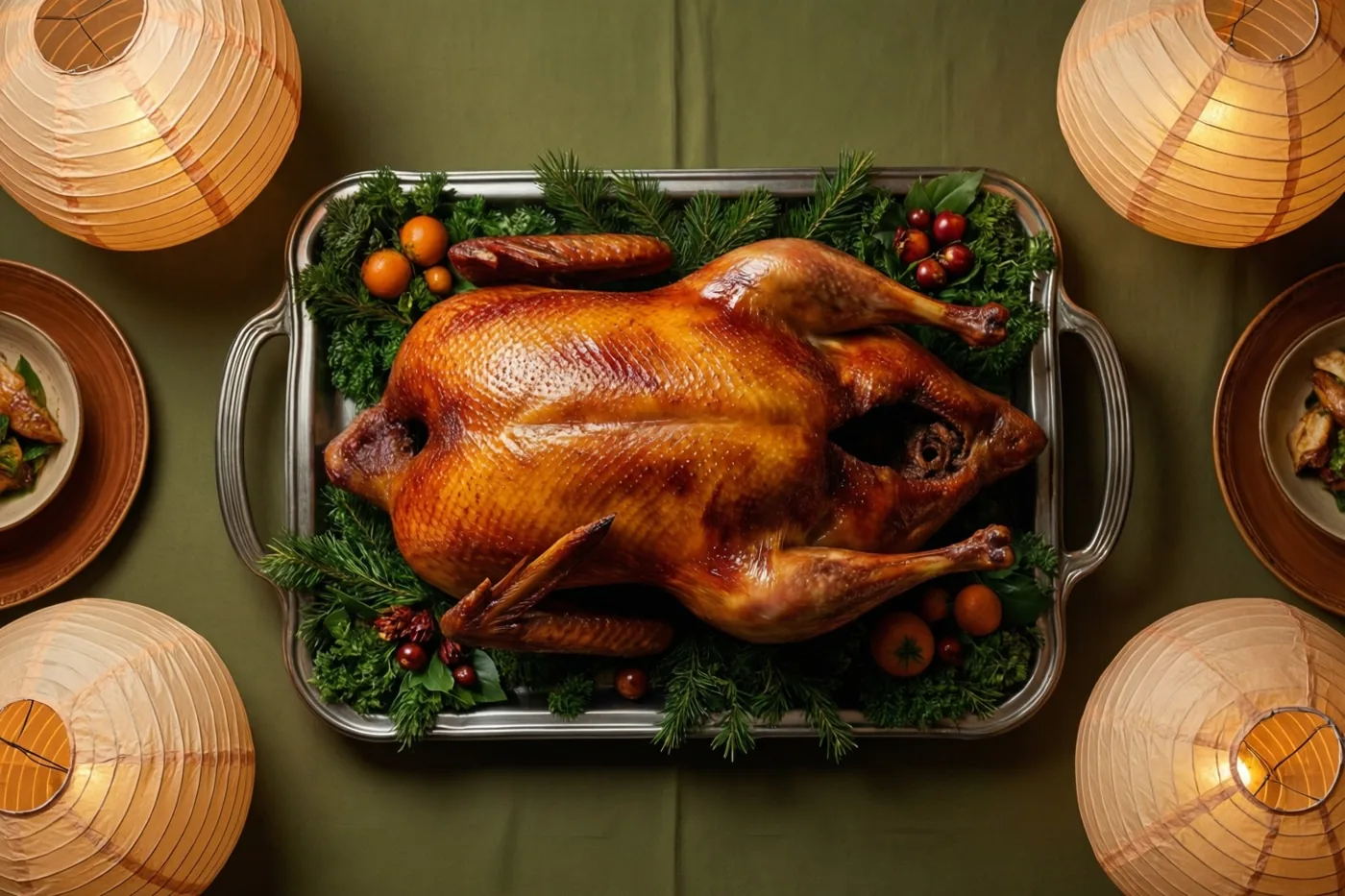 Een gebraden gans ligt op een zilveren schaal tussen groen en kleine vruchten op een donkergroene tafel met warm verlichte papieren lantaarns.