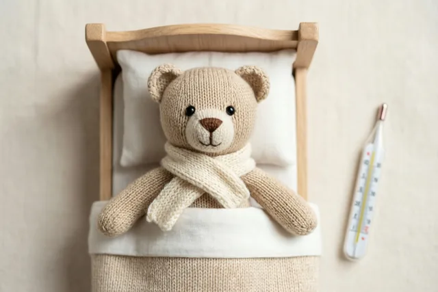 Een gebreid beertje met een sjaal ligt toegedekt in een klein houten bed met wit beddengoed, met een thermometer ernaast tegen een beige achtergrond.