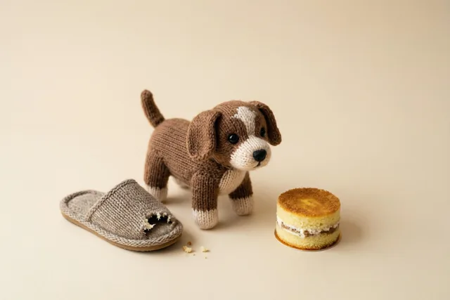 Een klein bruin-wit gebreid hondje staat naast een aangevreten pantoffel en een minitaartje op een effen beige ondergrond.